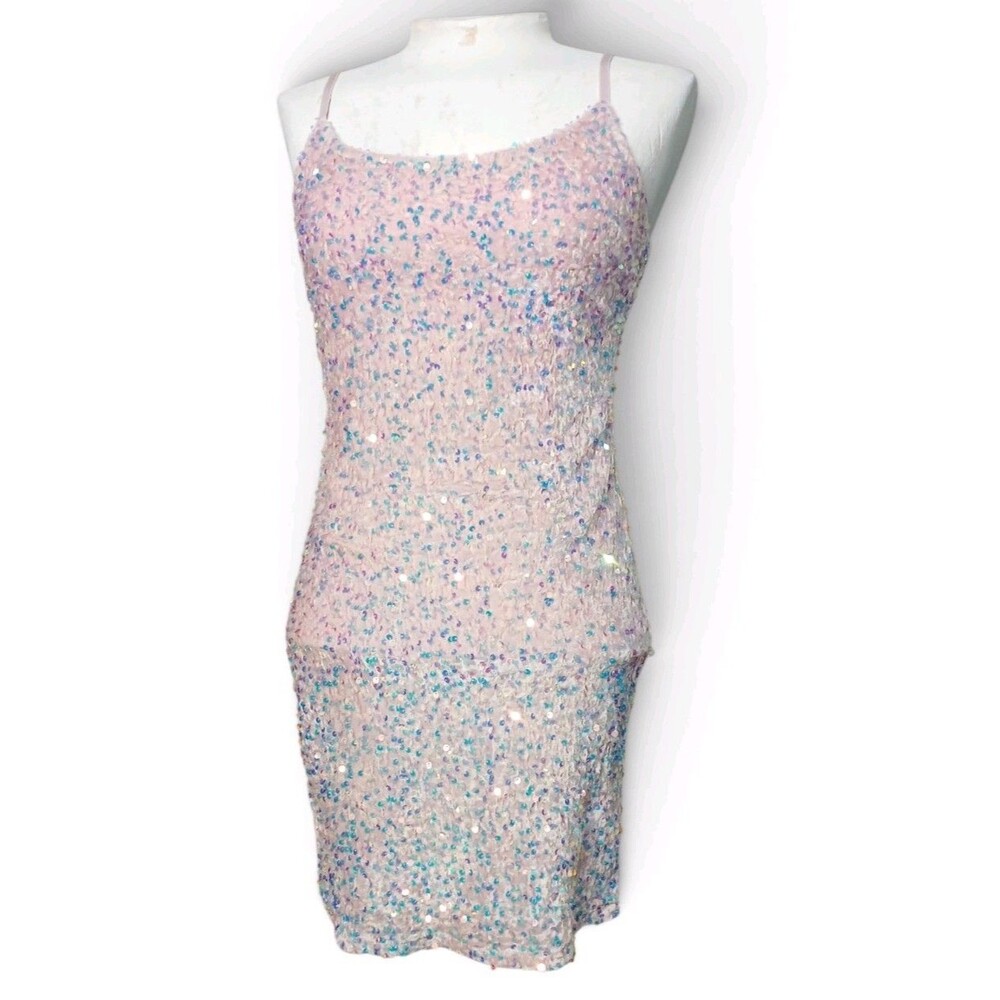 Petal Dew Pink Sequin Bodycon Mini Dress Women's Size S Spaghetti Strap Party